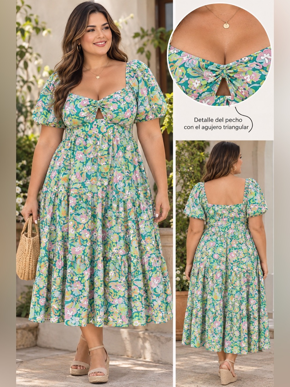 Floral Puff-Sleeve Maxi Dress for Women- Green/Pastel